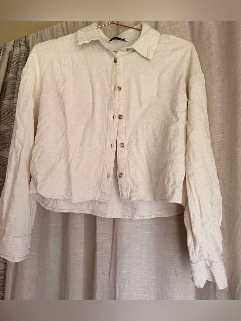 Stradivarius Linen Blend Cropped Button Front Shirt Cream Size M Fits S